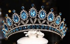 Silver Blue Rhinestone Princess Crown Tiara Headpiece for Women, One Size