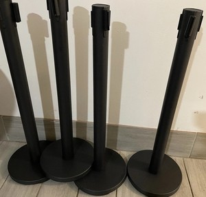 Set of 4 Black Crowd Control Barriers with Retractable Belts