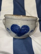 Vintage Rowe Pottery Works 5" Dia. Blue Decorated Stoneware Bowl w/ Handles 1988