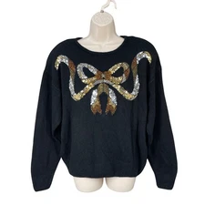 Vintage Woman Silk Angora Blend Sweater Feminine Festive Beaded Bow Size L Black