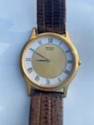 Vintage Seiko Quartz Gold Tone Watch Roman Numerals Brown Leather Band Classic D