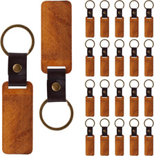 20Pcs Wooden Keychain Blanks with Leather Strap Rectangular DIY Tags