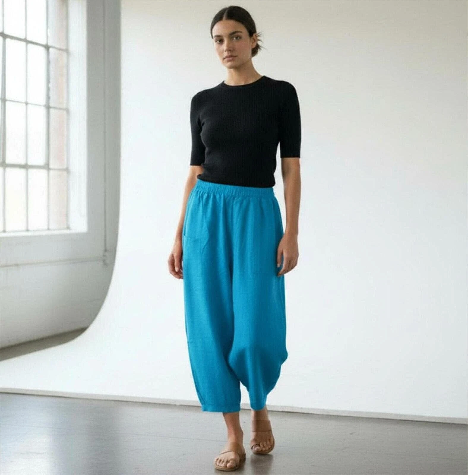 NWT B'Gauze Blue Harem Crop Pants Size S/M Relaxed Elastic Waist Casual Boho