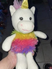 Hugfun plush white rainbow stripe sweater unicorn purple pink blue green sparkle