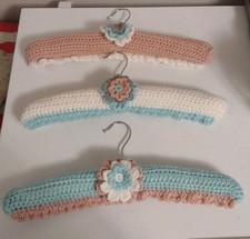 vintage Lot Of 3 Crochet Flower Handmade Over Wooden Hangers Lingerie Nvr Used