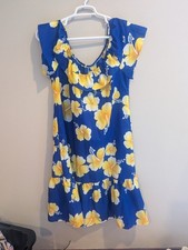 vtg Hilo Hattie Hawaii Sz L Hawaiian dress blue yellow hibiscus USA Summer Beach