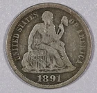 1891-O "Liberty Seated" One-Dime Silver Coin, .900 Silver Var. 4, Fine