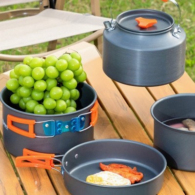 Portable Stainless Steel Camping Cookware Set with Multi-Function Kettle 4-Piece