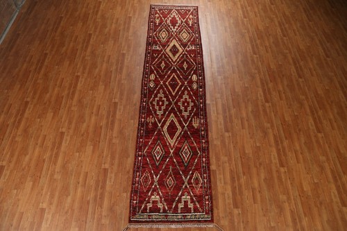 Burgundy Tribal Moroccan Wool Runner Rug 3x13 Hand-knotted Hallway Carpet - Picture 4 of 21