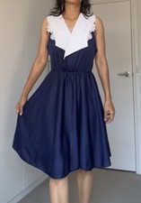 Vintage Navy Sleeveless Midi Dress With White Collar Sz 14 Made In USA