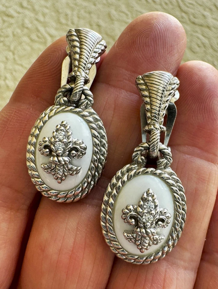 Pendientes Judith Ripka Blanco Ágata Ovalados Flor De Lis 925SS Dandle Gota Clip-On Foto 2 de 4