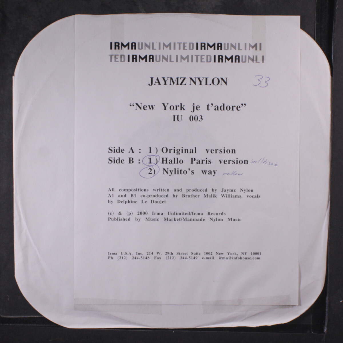 JAYMZ NYLON: new york je t'adore IRMA UNLIMITED 12