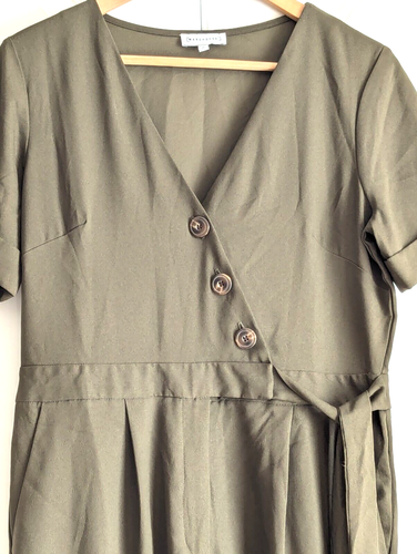 Warehouse Size 14 Khaki Tie Waist Cropped Wide Leg Jumpsuit - Picture 3 of 5