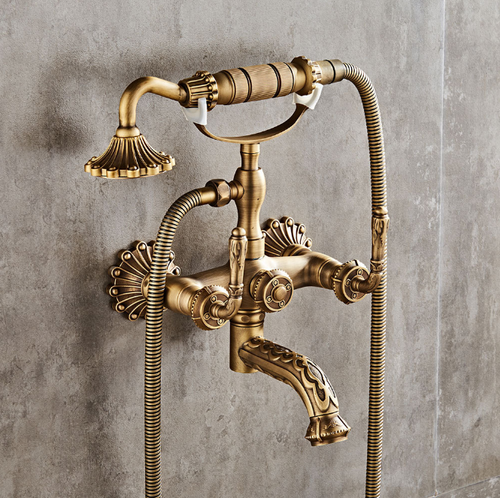 Antique Brass Bathtub Faucet Telephone Shaped Rain Hand Held Spray Mixer Tub Tap - Picture 3 of 10