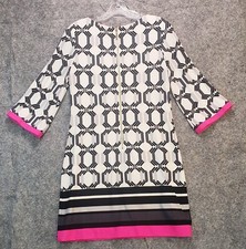 Eliza J Dress Womens 8 Gray White Pink A-Line Long Sleeve Scoop Neck Zip