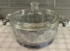 ANTIQUE PYREX COVERED DISH, FORMAN BROS. CHROMIUM PLATED STAND BEAUTIFUL