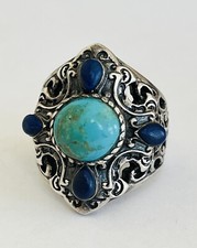 Heavy Vintage Sterling Silver Turquoise Lapis Lazuli Ornate Ring Size 8 14-Grams