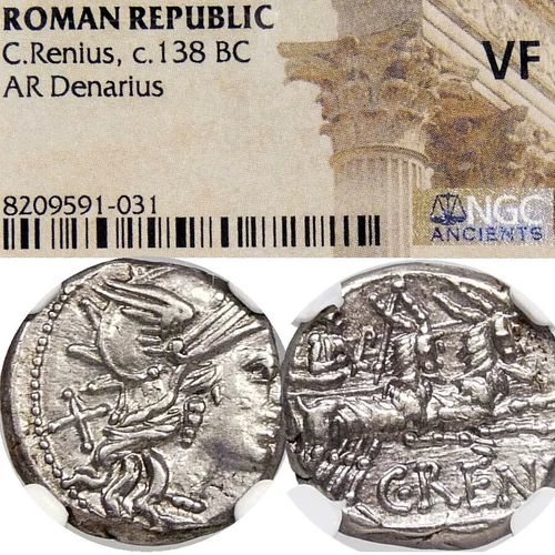 ROMA/JUNO in Chariot of Two Goats. Renia 1. NGC Certified VF Roman Denarius Coin