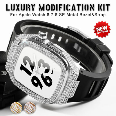 Bling Diamond Mod Kit Case Silicone Strap Apple Watch 10 9 8 6 5 42/44/45mm Band