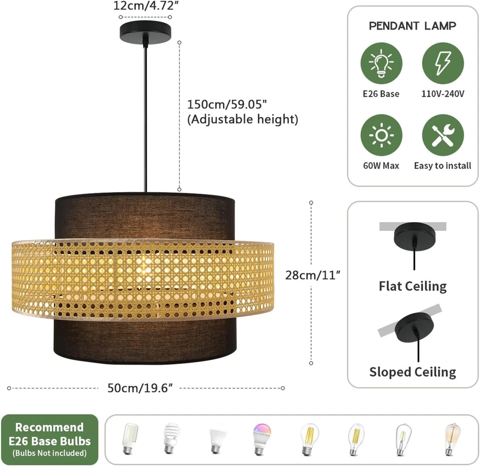 Boho Pendant Light, Rattan Light Fixture Woven Basket Shade Wicker Pendant Light - Image 4 of 4