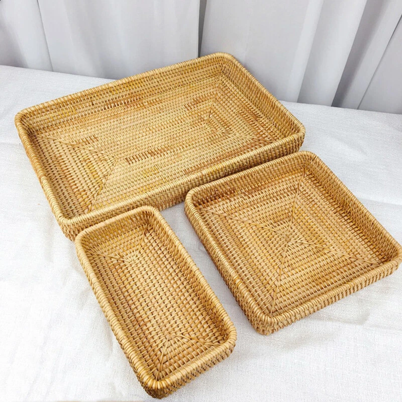 Hand Woven Rattan Storage Tray Basket Desktop Storage Bread Fruit Food Tray S -L - Image 4 of 4