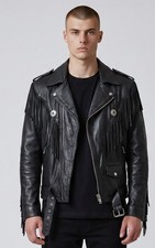 Chaqueta de motociclista de cuero de vaca real para hombre con flecos y conchos Chaqueta de motociclista de cuero