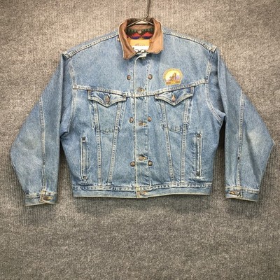 ID Wear Jacket Mens Large L Blue Denim Removable Aztec Liner Pockets Hiking Bike