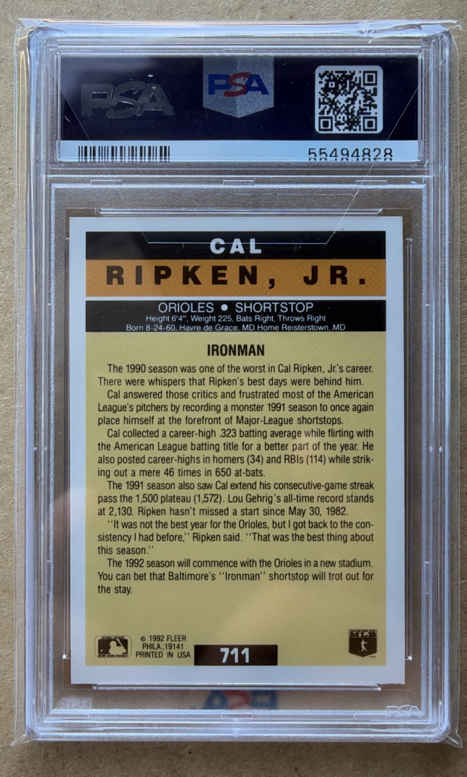 1992 Fleer Pro Vision #711 Cal Ripken Jr.  PSA 10 Gem Mint view 2