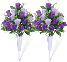 Set of 2 Artificial Cemetery Flowers, Grave Memorial Flowers with Vase, Outdoor
