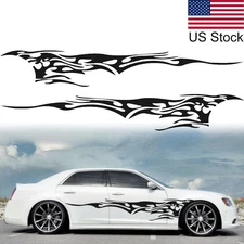 2Pcs 110'' Black Fire Flame Graphic Body Side Door Fender Vinyl Decal Stickers