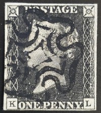 GREAT BRITAIN 1840 Used Penny Black KL 4 Margins Plate 7 SIGNED VF