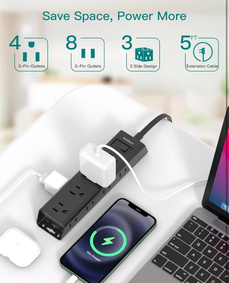 Extension Power Strip with 12 Outlets, 5ft, Outlet Extender with Surge Protect - Image 2 of 4