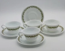 Vintage Corelle Spring Blossom Crazy Daisy 4 Flat Cup & Saucer w Hook Handle  A2