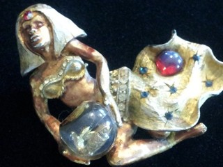 RARE SIGNED HAR 1950'S FANTASIES GENIE BROOCH W FISHBOWL W MEXICAN OPAL CAB