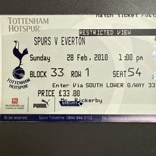 Tottenham Hotspur v Everton(Barclays Premier League 2009/10) 28/2/2010 Ticket