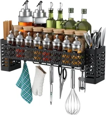 Hanging Spice Rack Wall Mount Spice Organizer Shelf with Utensil Holder 6 Hooks