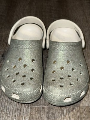 Crocs Classic Glitter Clog Silver/White Glitter Slip-On Unisex Kids Size 13