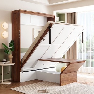 Full Size Murphy Bed with Foldable Desk   Space Saving Wall Bed - Walnut & White
