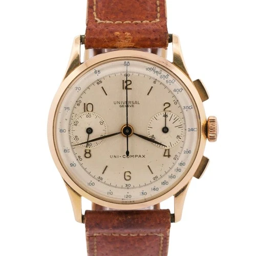 VINTAGE Universale Uni-Compax ARGENTO 35mm Oro Rosa 18K Pelle Manuale 12445