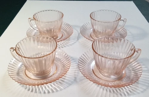 MacBeth-Evans Pink Petalware Depression Glass Cups and Saucers Vintage Set of 4