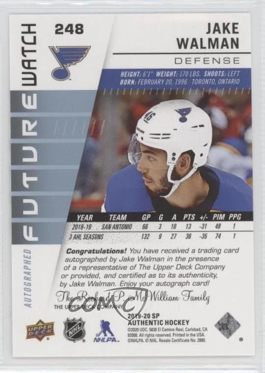 2019-20 SP Authentic Future Watch Rookies /999 Jake Walman #248 Rookie Auto RC - Image 2 of 2