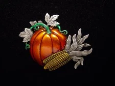 "JJ" Jonette Jewelry Silver Pewter AUTUMN 'Pumpkin & Ear of Corn' Pin