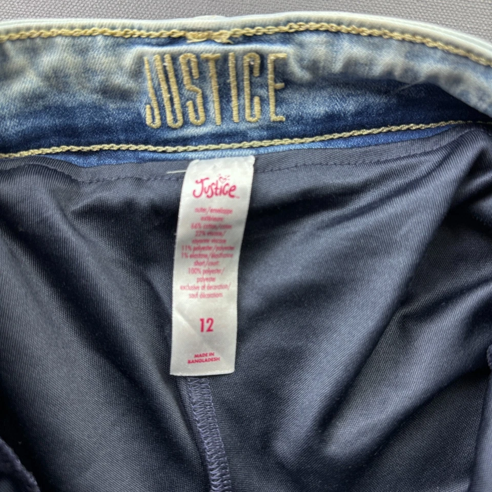 Falda Denim Justice Niñas Talla 12 Botón Frontal Envejecido Jean Mini Clásico Y2K Foto 2 de 4
