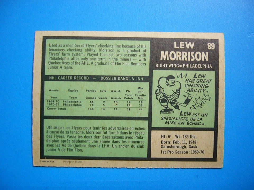1971/72 O-PEE-CHEE NHL HOCKEY CARD #89 LEW MORRISON EX/NM NM SHARP!! 71/72 OPC - Image 2 of 2