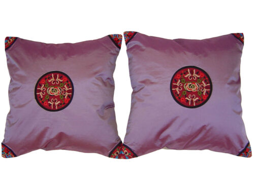 PAR (2 PIEZAS) Cubierta de Cojín Satinado Diseño de Bordado Hmong Miao Chino Púrpura - Imagen 1 de 7