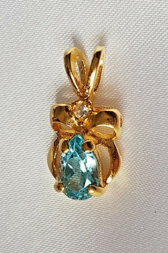 Pendant ~ Blue Topaz Stone ~ Gold Plated ~ Sparkling Clear Crystal Diamante