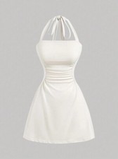 shein A-line beige halter neck ladies summer dress stretchy flattering BNWOT L