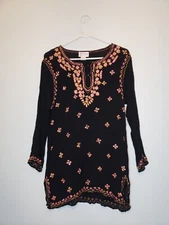 Vtg Raiment Fashions Women L Tunic Top Long Sleeve Floral Sequin Pink 100% Rayon