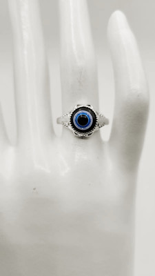 New Silver Tone Blue Evil Eye Women's Fashion Statement Lucky Ring Size 6