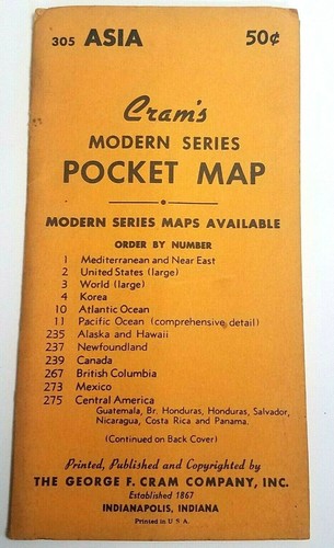 Vintage 1950's Cram's Modern Series Pocket Map Asia # 305